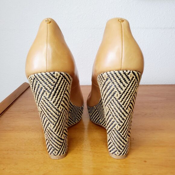 Ted Baker Brandeey Cognac Leather Round Toe Woven Raffia Wedge Heels Sz 9.5 - Picture 4 of 8